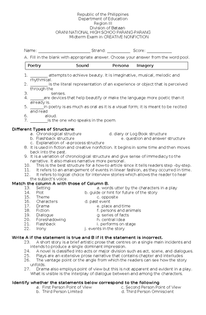 Piling Larangan EXAM - HELLO - KAGAWARAN NG EDUKASYON REHIYON III ORANI ...