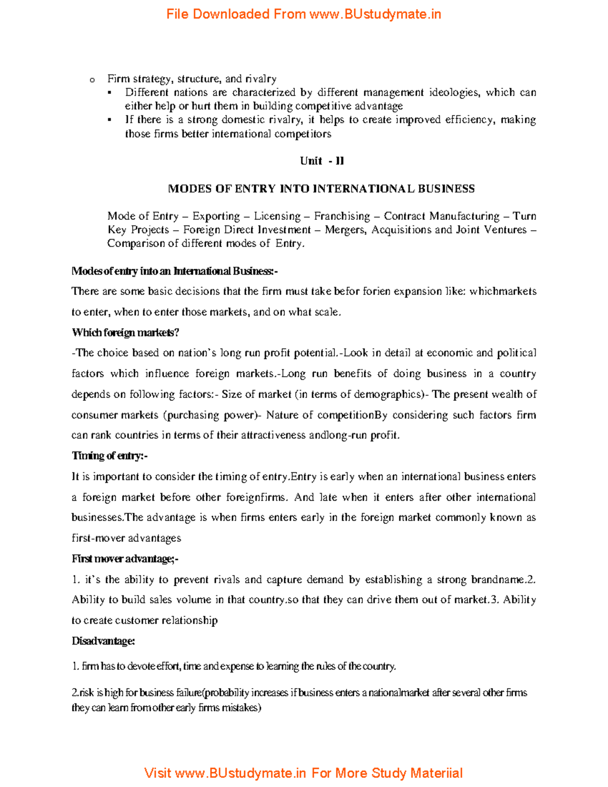 IB BBA UNIT II - International business bba notes - o Firm strategy ...