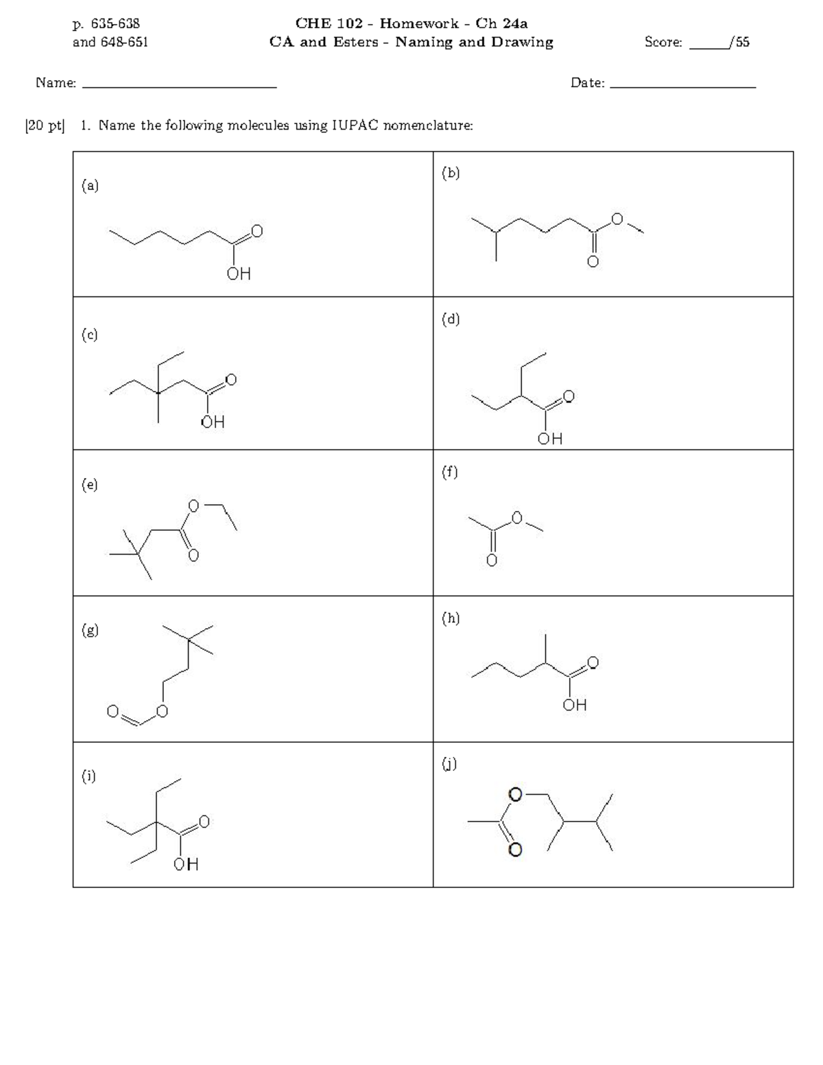 CHE102 Homework - Name:p. 635-638and 648-651 CA and Esters - Naming and ...