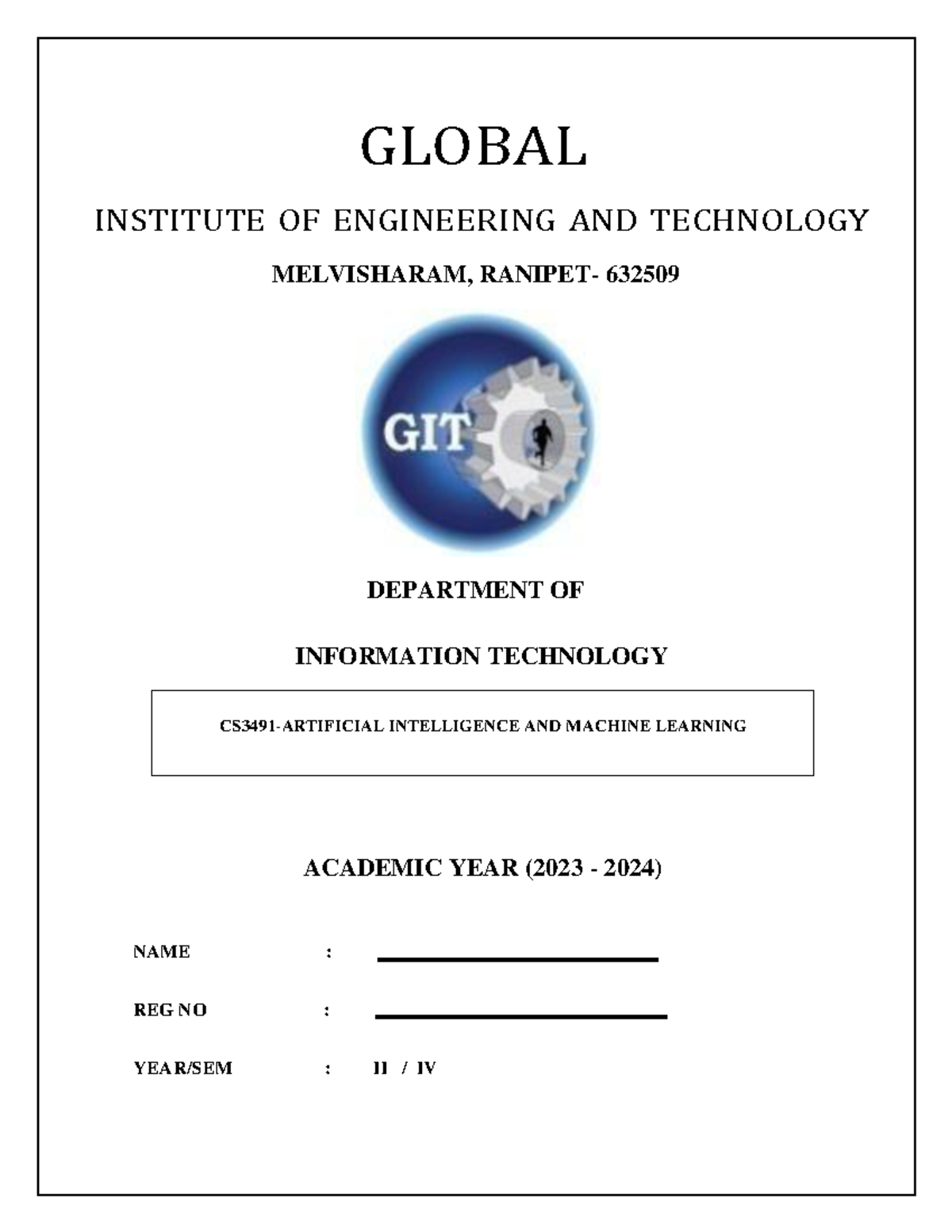 AIML lab manual GLOBAL INSTITUTE OF ENGINEERING AND TECHNOLOGY