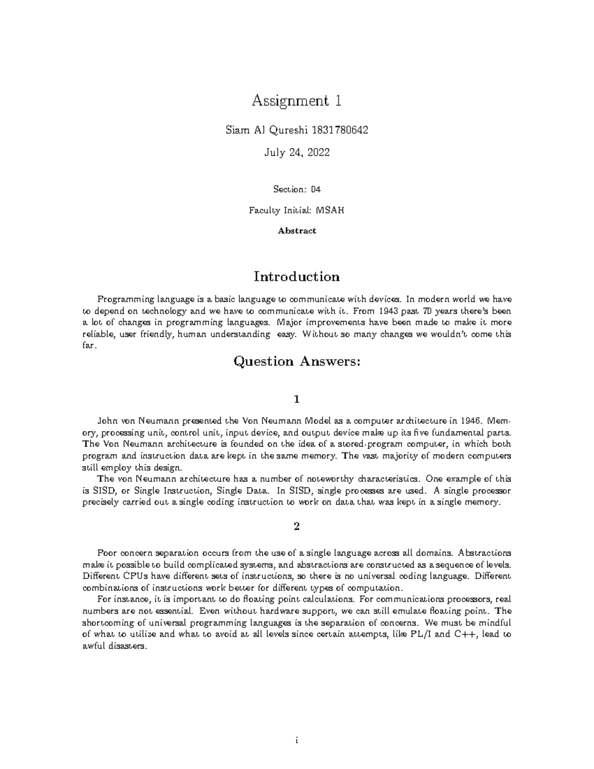 Assignment 1 Siam Al Qureshi 1831780642 - Assignment 1 Siam Al Qureshi ...