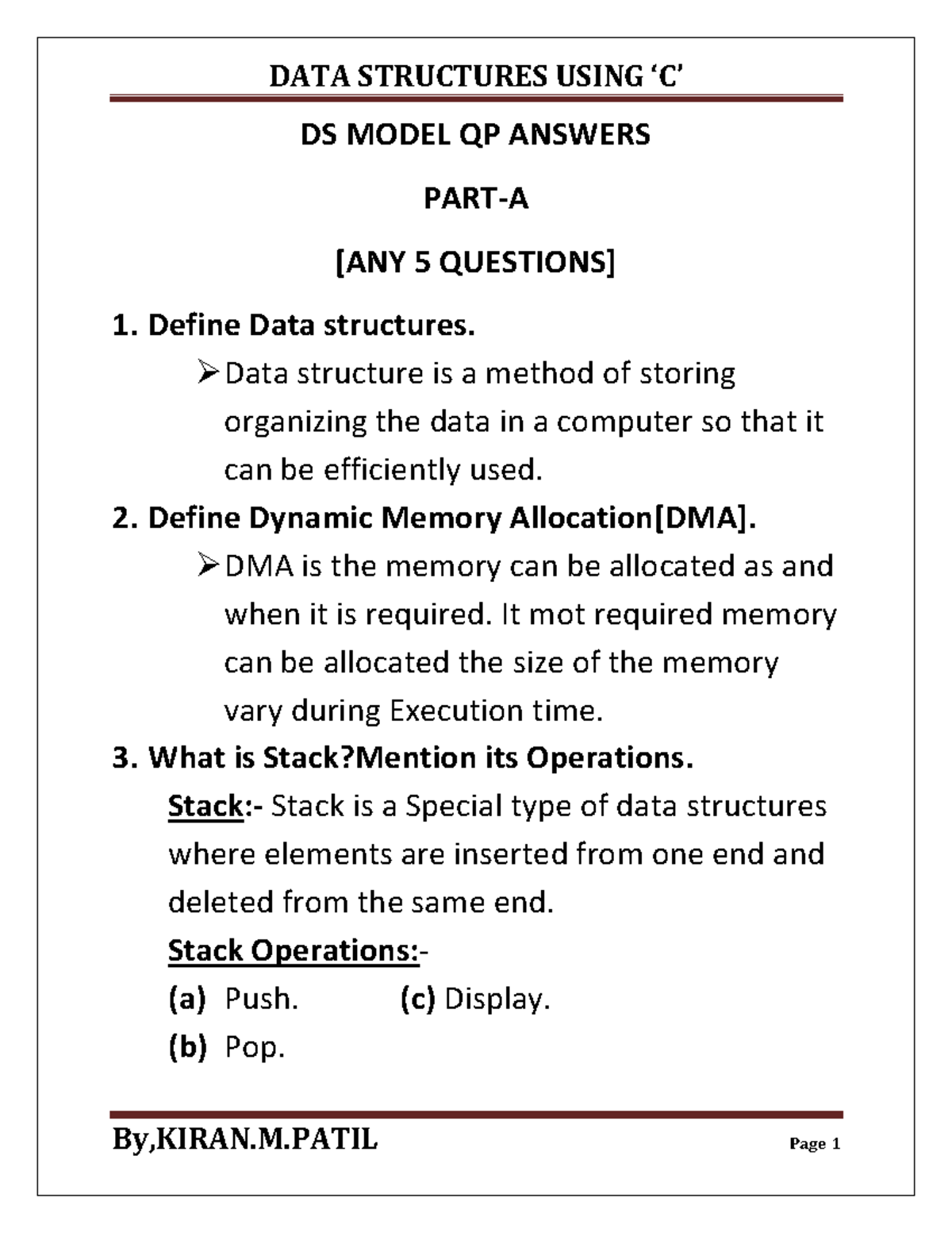 DATA Structures Using 'C' - DS MODEL QP ANSWERS PART-A [ANY 5 QUESTIONS ...