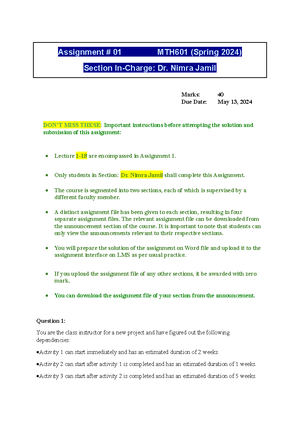 MTH601 Quiz-2 - Quiz 2 - MTH-601 Operations Research Update MCQS For ...