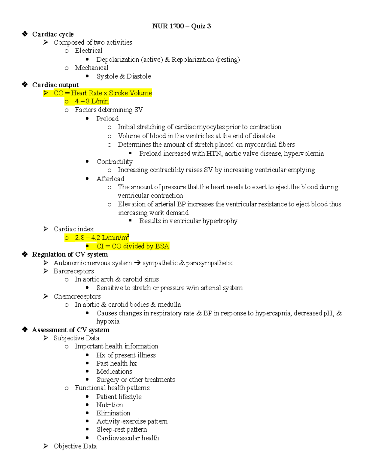 NUR 1700 Quiz 3 Notes - Advanced nursing I: Critical Care - NUR ...