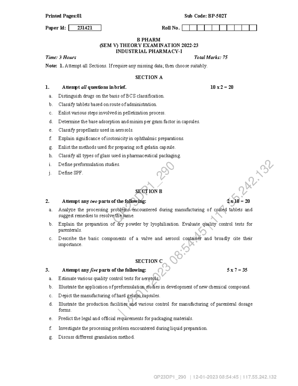 Bpharm 5 sem industrial pharmacy 1 bp502t 2023 - QP23DP1_ | 12-01-2023 ...