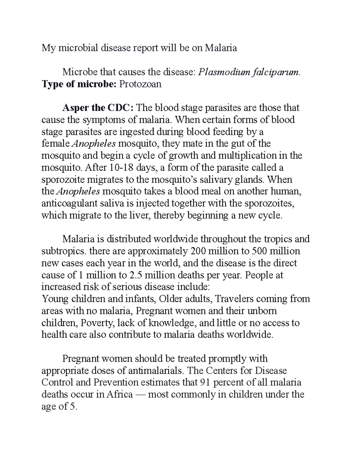 Week 9malaria - Class assignements and solutions - My microbial disease ...
