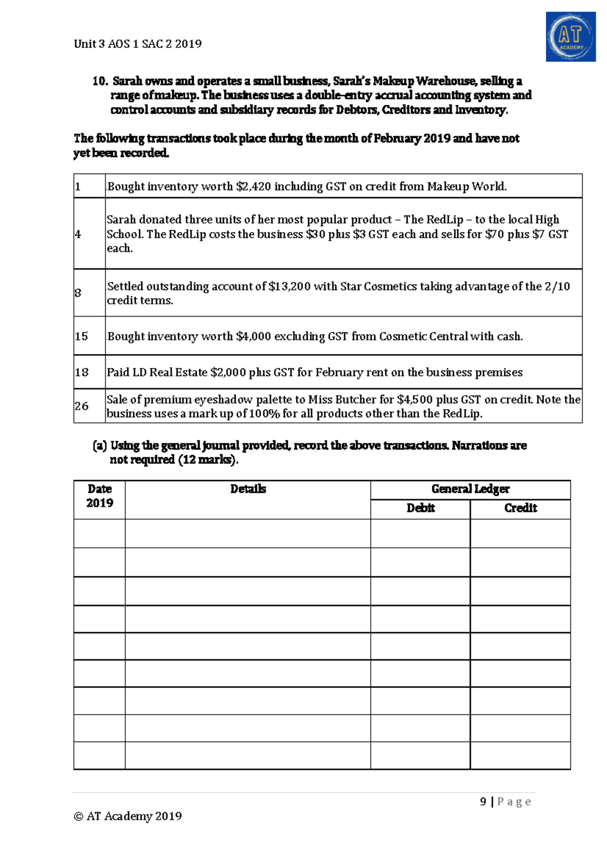 AT Academy AOS 1 SAC 2 20199 Unit 3 AOS 1 SAC 2 2019 9 P a g e © AT Academy 2019 Sarah owns