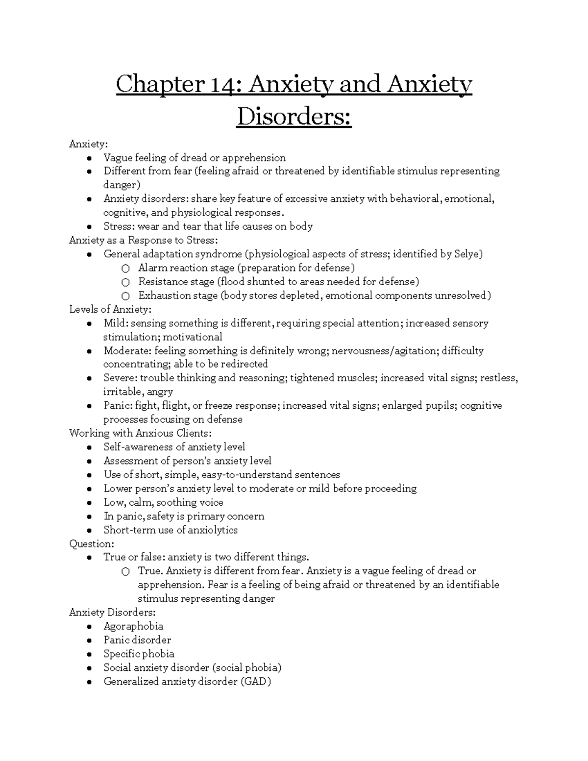 Chapter 14 Notes Dr Pamela Wooldridge Chapter 14 Anxiety And