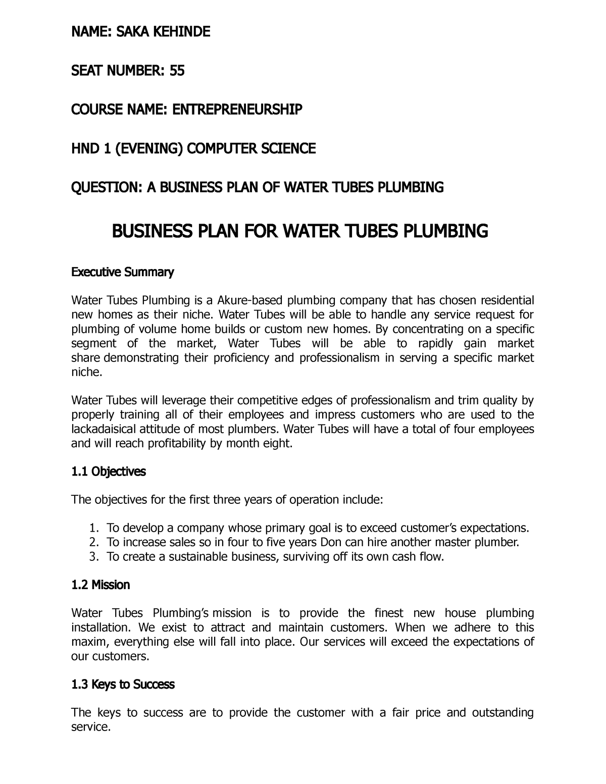 plumbing materials business plan