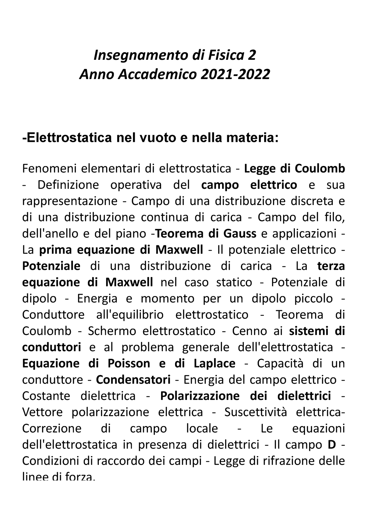 Elettrostatica - Teoria - Insegnamento Di Fisica 2 Anno Accademico 2021 ...