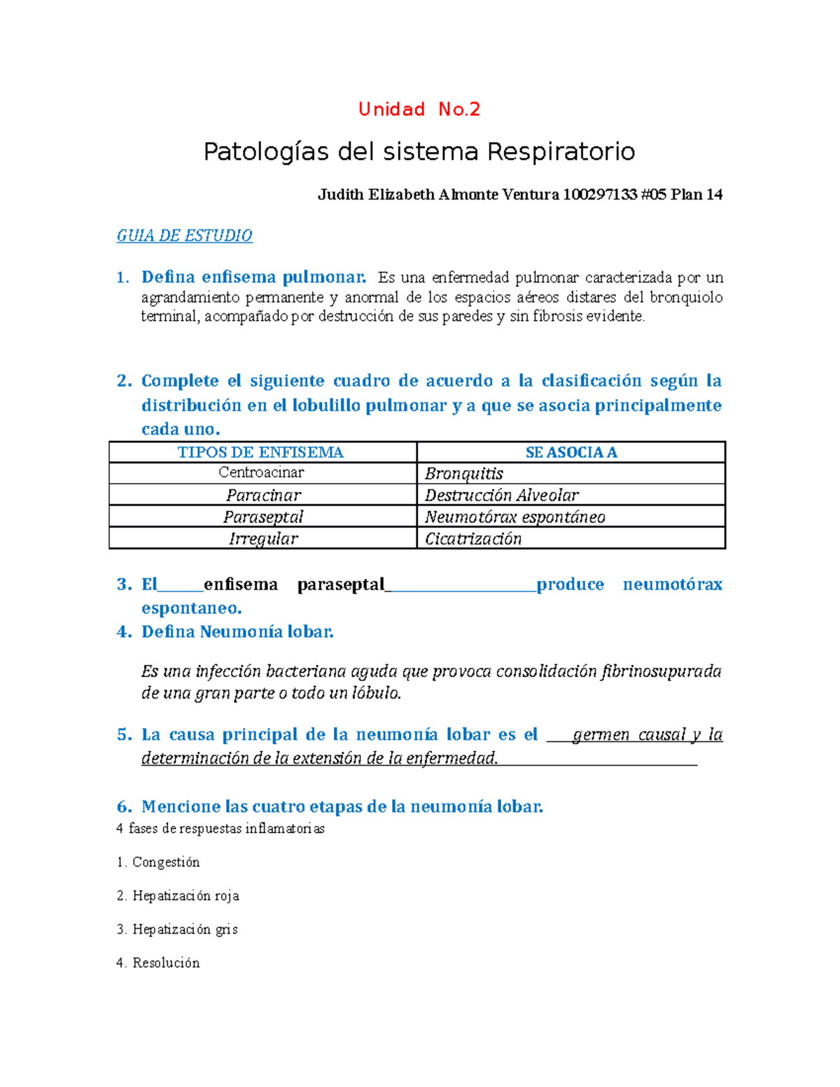 etapas de la neumonia lobar