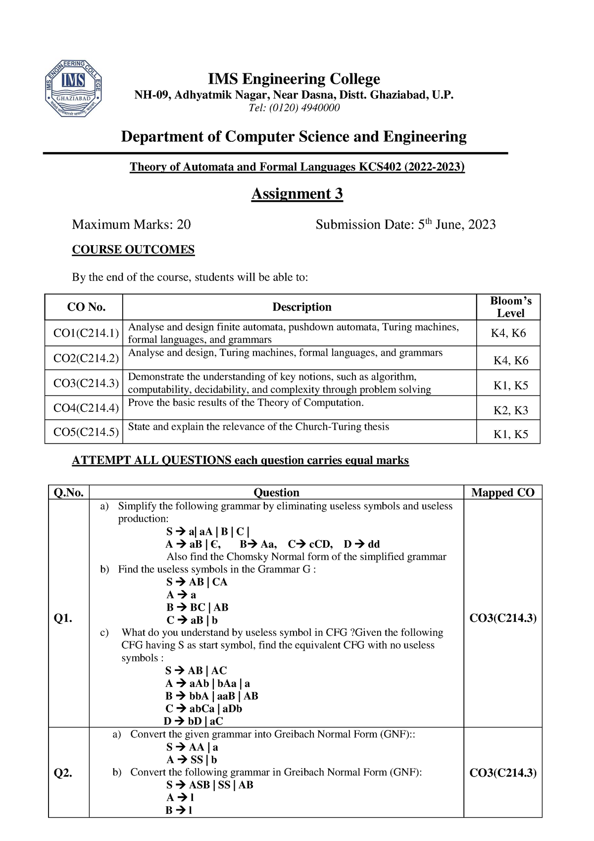 3052023 2034 Assignment 3 KCS402 - IMS Engineering College NH-09 ...