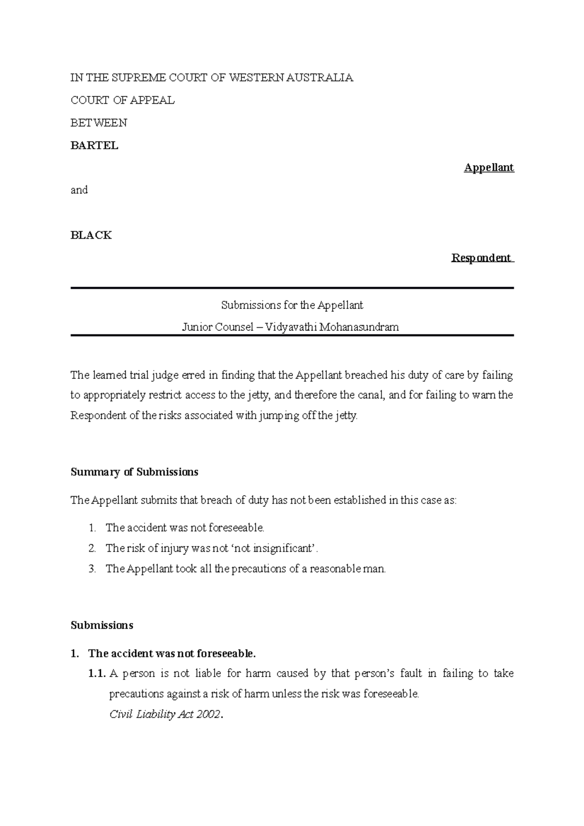 Written Submissions Junior Appellant - IN THE SUPREME COURT OF WESTERN ...