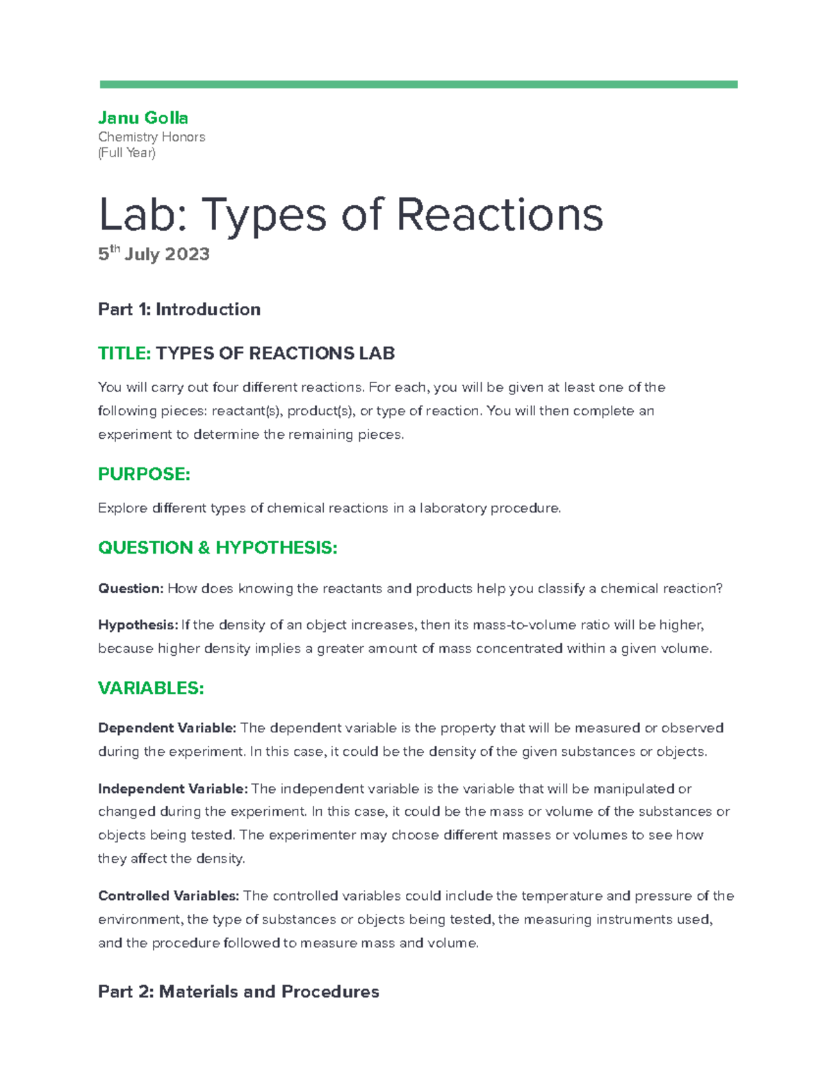 lab types of reactions assignment lab report edgenuity