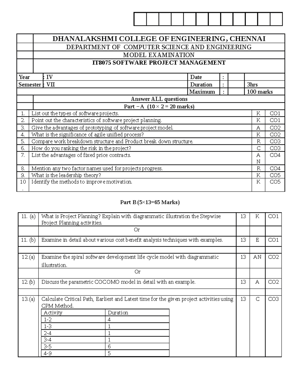 Spm model exam - DHANALAKSHMI COLLEGE OF ENGINEERING, CHENNAI ...