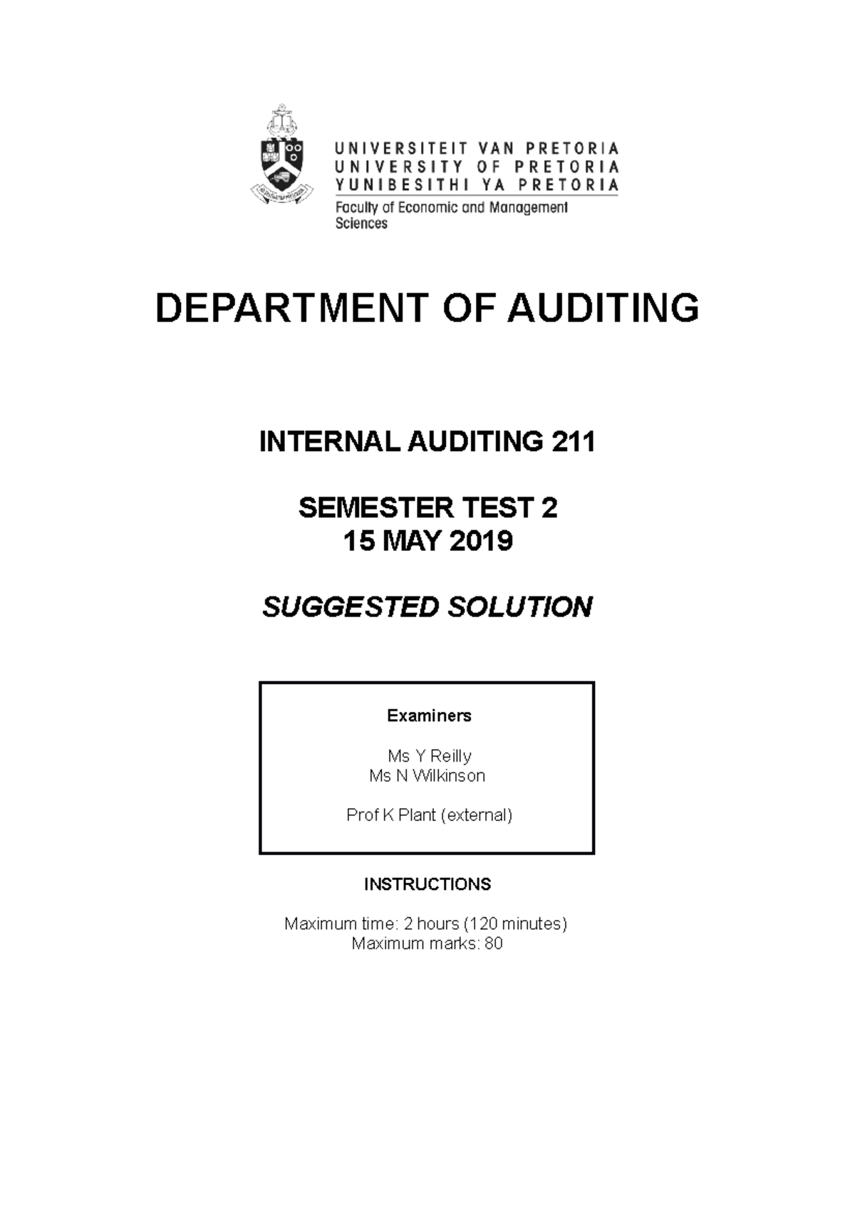 FINAL 2019, Answers - DEPARTMENT OF AUDITING INTERNAL AUDITING 211 ...