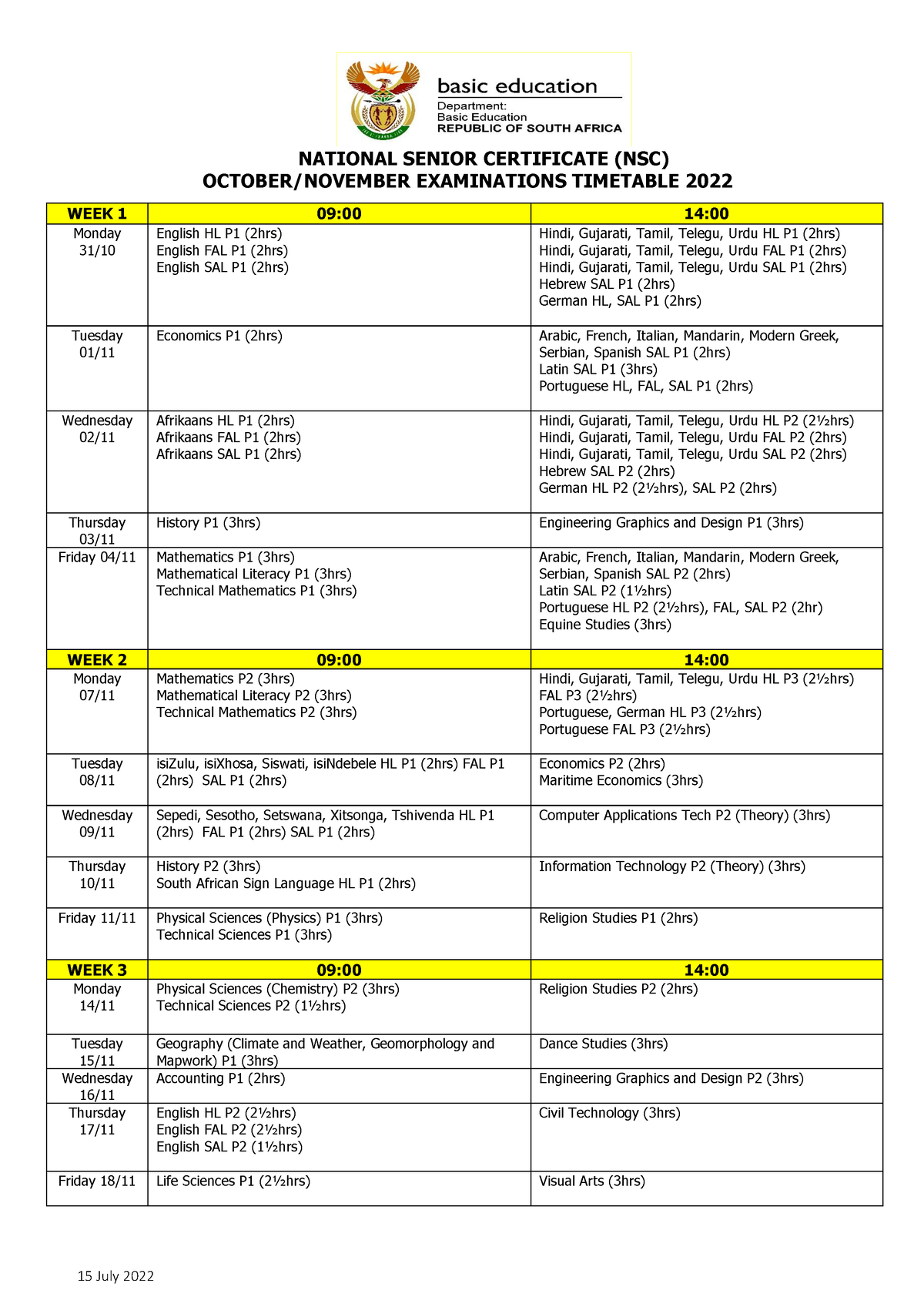 2022 Nov NSC timetable 15 July 2022 NATIONAL SENIOR CERTIFICATE (NSC