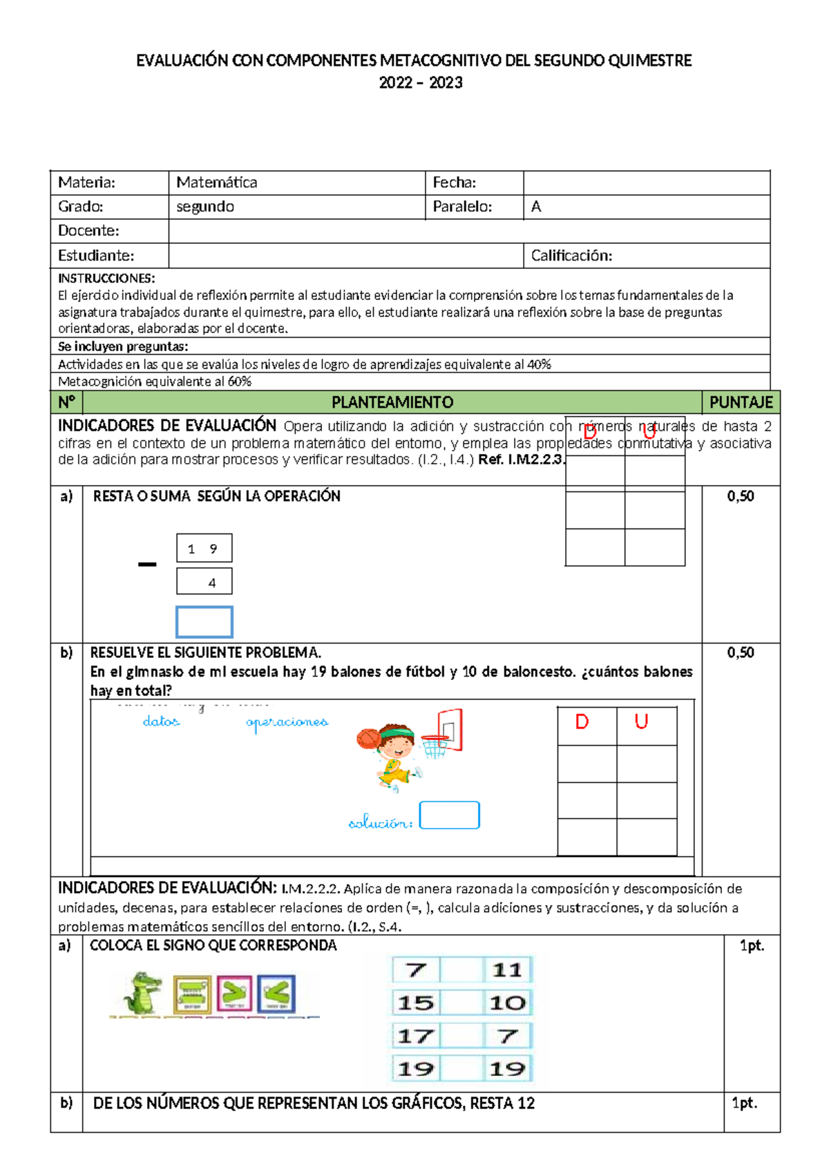 2DO Matematica Metacog.II - EVALUACIÓN CON COMPONENTES METACOGNITIVO ...
