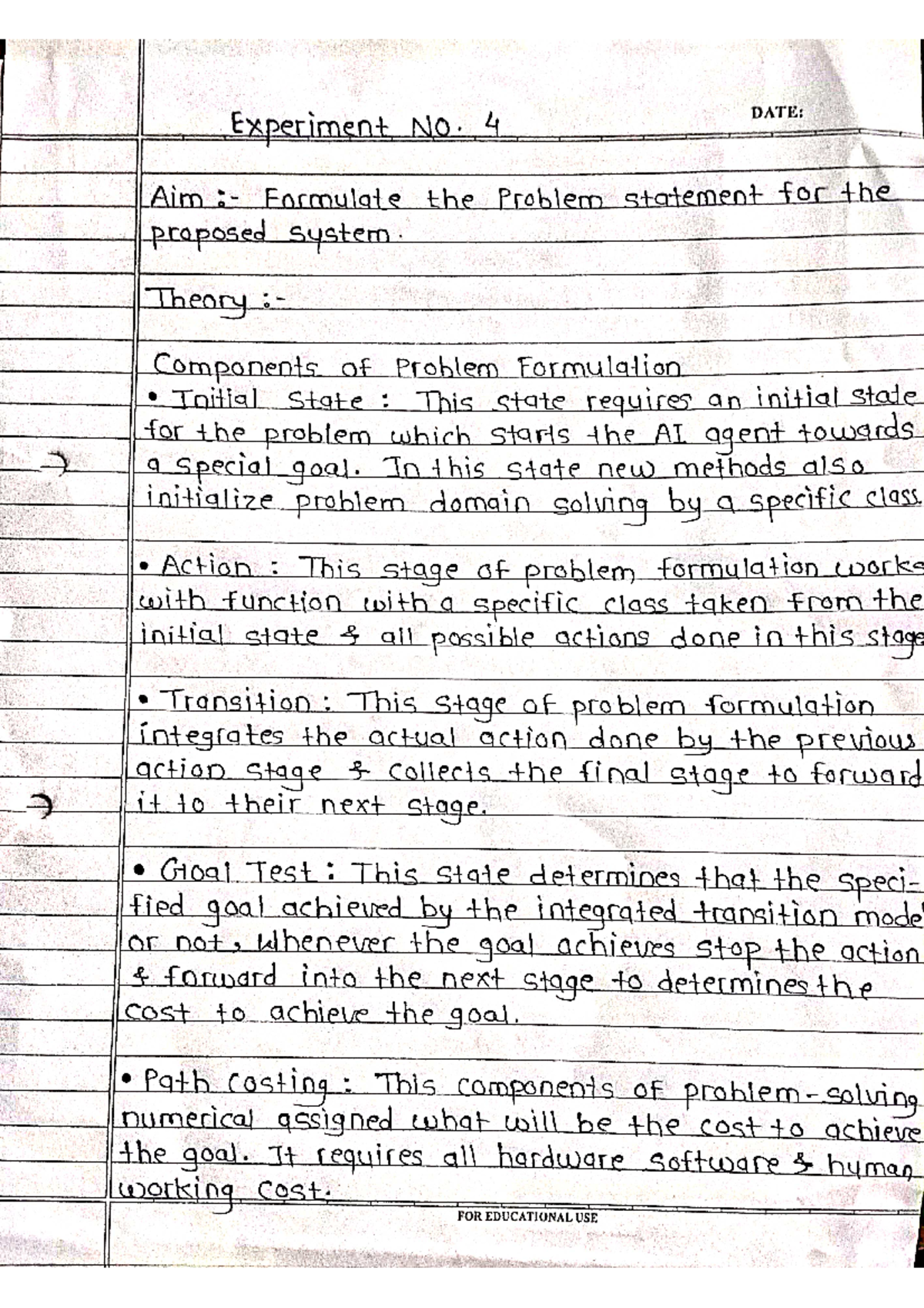 Ai Exp - Experiments - DATE: Experiment No. 4 Aim Formulate the Problem ...