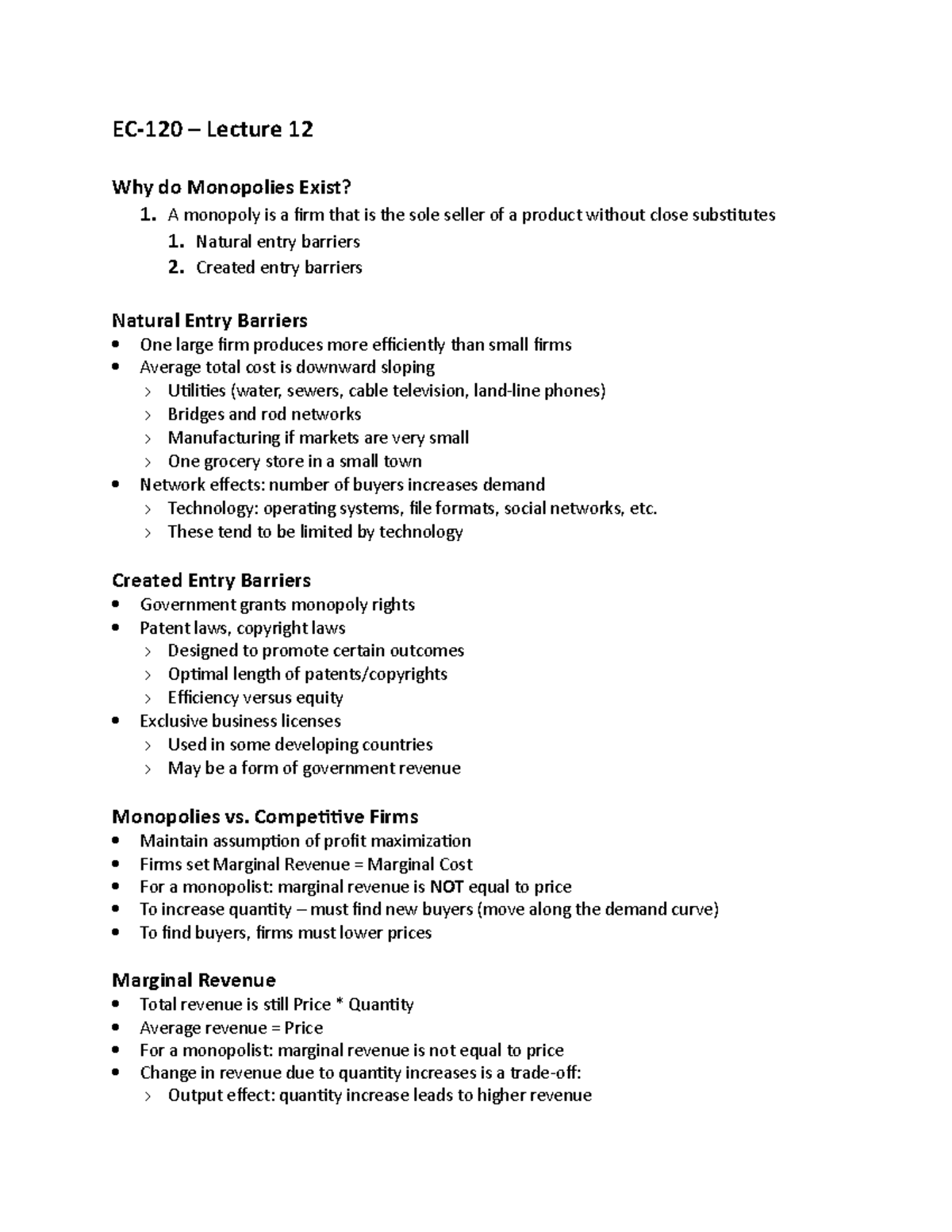 Class 12 Lecture Notes - Monopolies - Lecture 12 Why do Monopolies ...