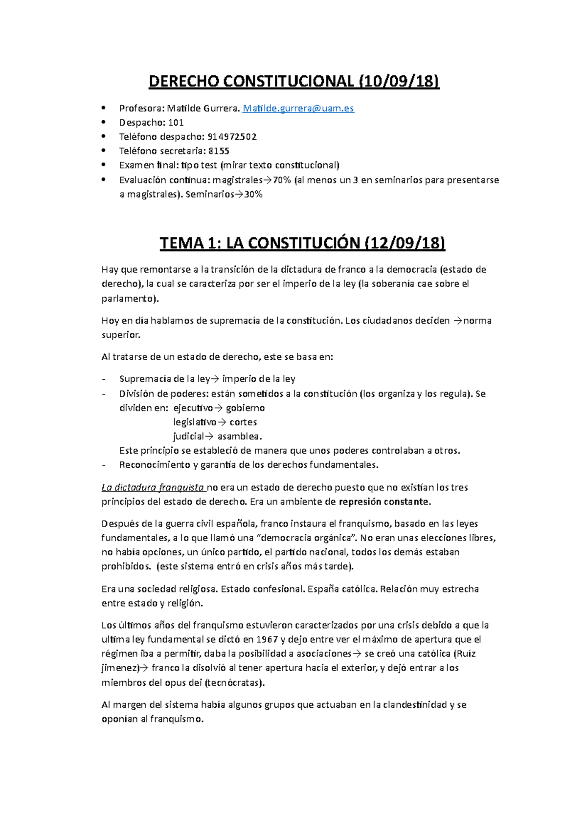 TEMA 1 - Tema 1 - DERECHO CONSTITUCIONAL Profesora: Matilde Gurrera ...