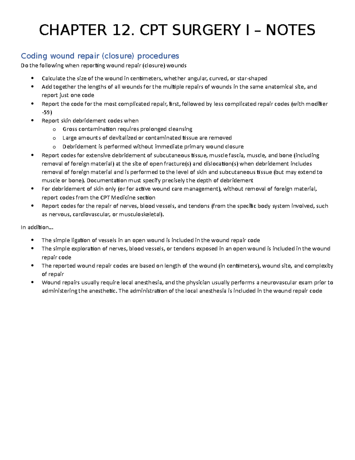 Chapter 12 Surgery Notes - CHAPTER 12. CPT SURGERY I – NOTES Coding ...