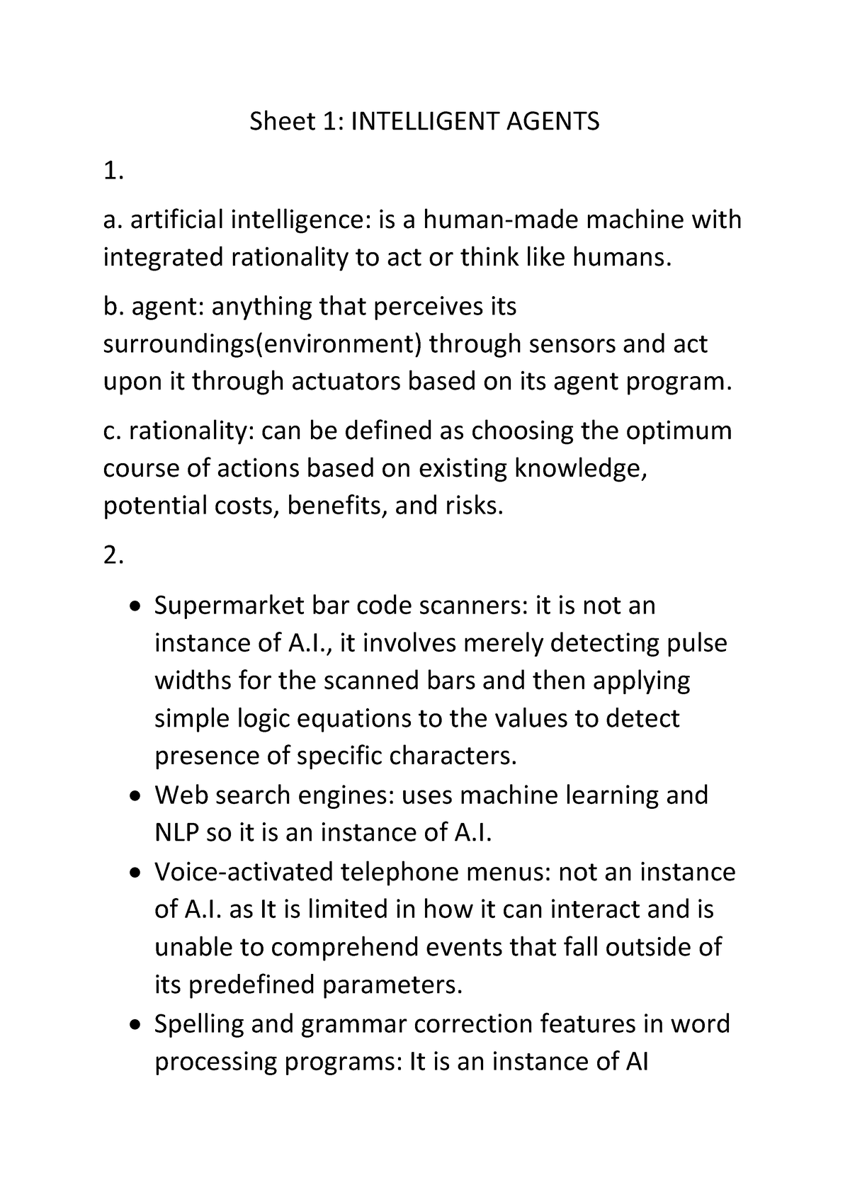 Sheet 1 - Sheet 1: INTELLIGENT AGENTS A. Artificial Intelligence: Is A ...