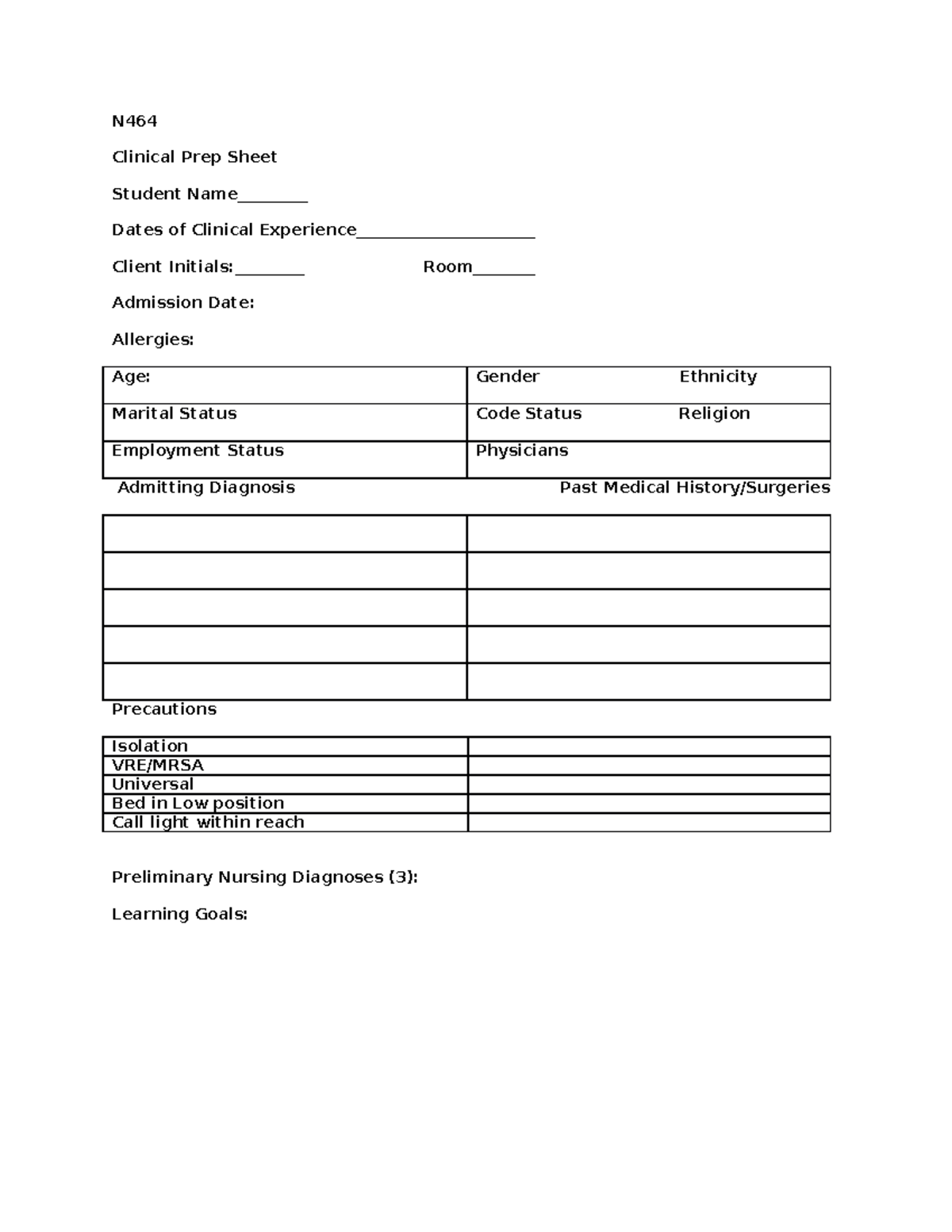 NURS 464 ICU clinical prep(2) - N Clinical Prep Sheet Student Name ...