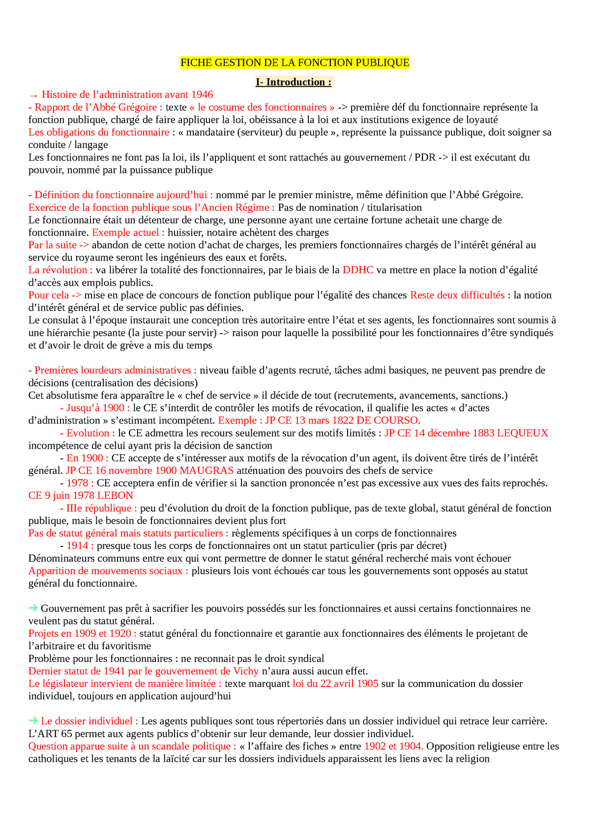 FIches Fonction Publique - FICHE GESTION DE LA FONCTION PUBLIQUE I ...