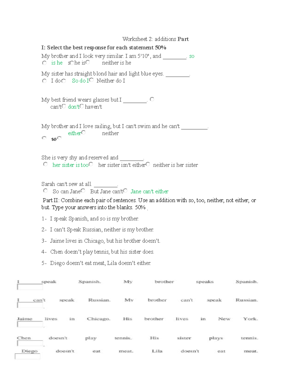 Worksheet%202 - Jxjd - Worksheet 2: additions Part I: Select the best ...