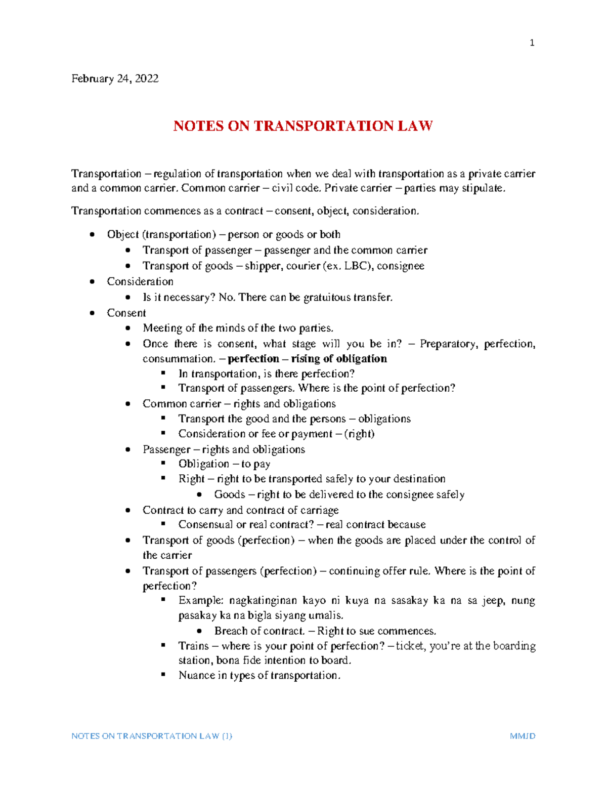 Lecture Notes on Transportation Law (1) February 24, 2022 NOTES ON
