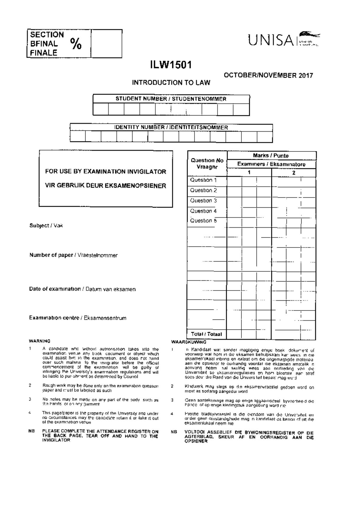 Examination Question Paper 1 October November 2017 Afl1501 Unisa Studocu Examination Question Paper 1 October November 2017 Afl1501 Unisa Studocu