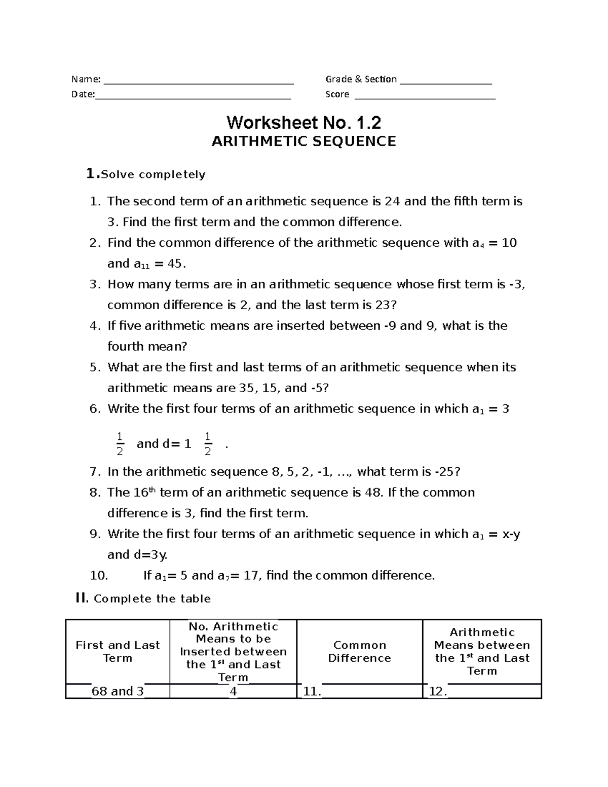 Arithmetic Sequence - Name: ___________________________________ Grade ...