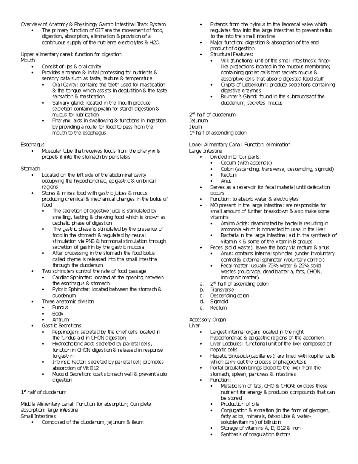 Gastrointestinal System notes - Overview of Anatomy & Physiology Gastro ...