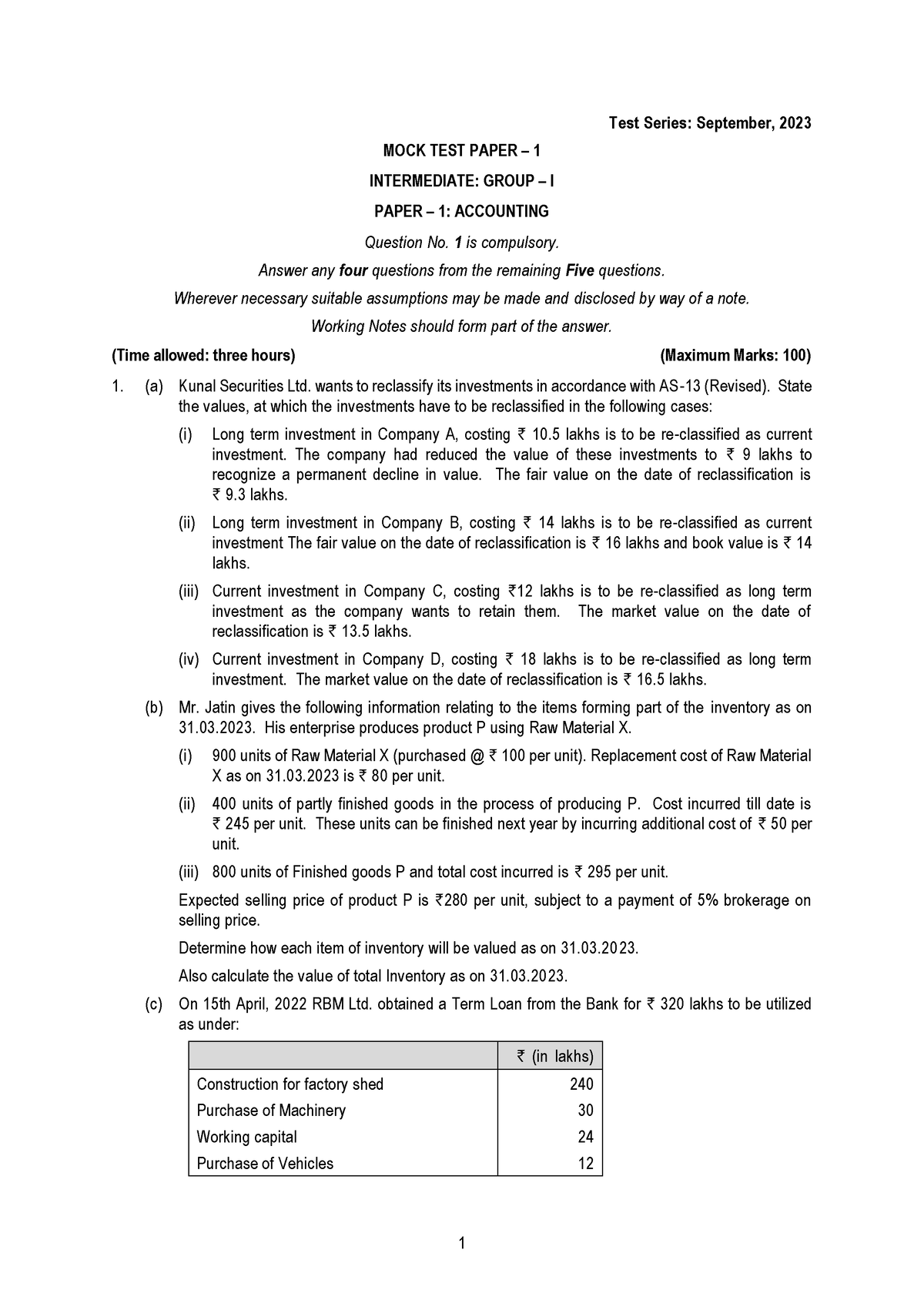 Mtp Questions Test Series September Mock Test Paper Intermediate