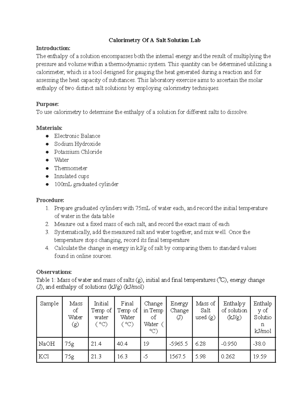 Chem Unit 2 Lab 2 Calorimetry Of A Salt Solution Lab Introduction