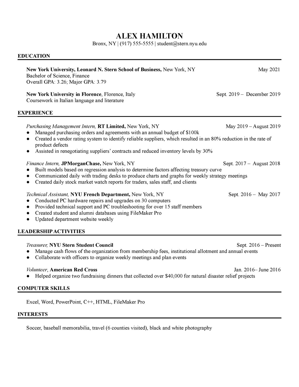 NYU Resume Template 2 ALEX HAMILTON Bronx, NY (917) 5555555