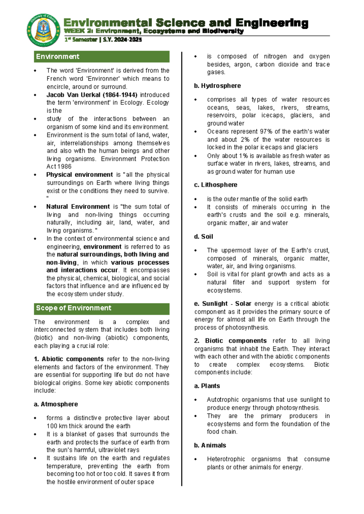 Environmental Science and Engineering Prelim WEEK 2 Notes - Environment ...