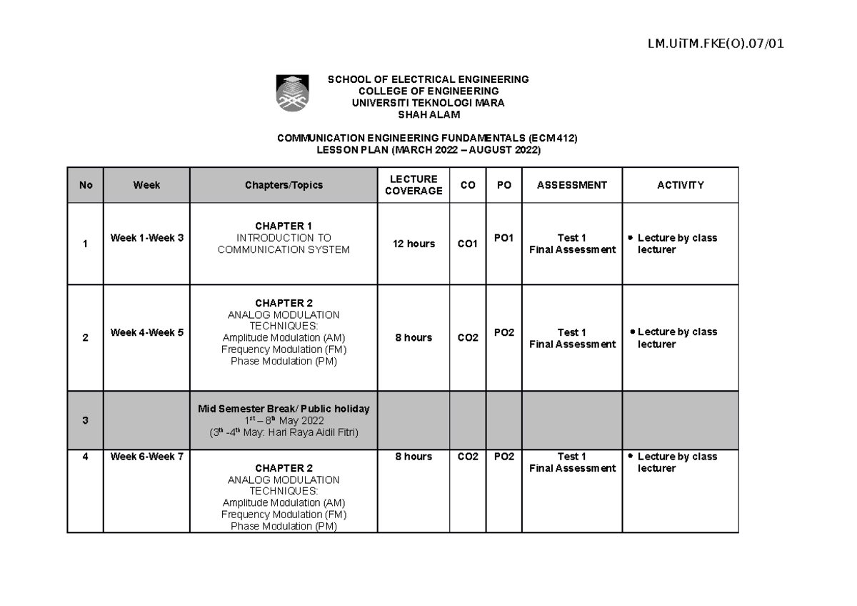 ECM412 Lesson Plan March-Aug 2022 - LM.UiTM(O).07/ SCHOOL OF ELECTRICAL ...