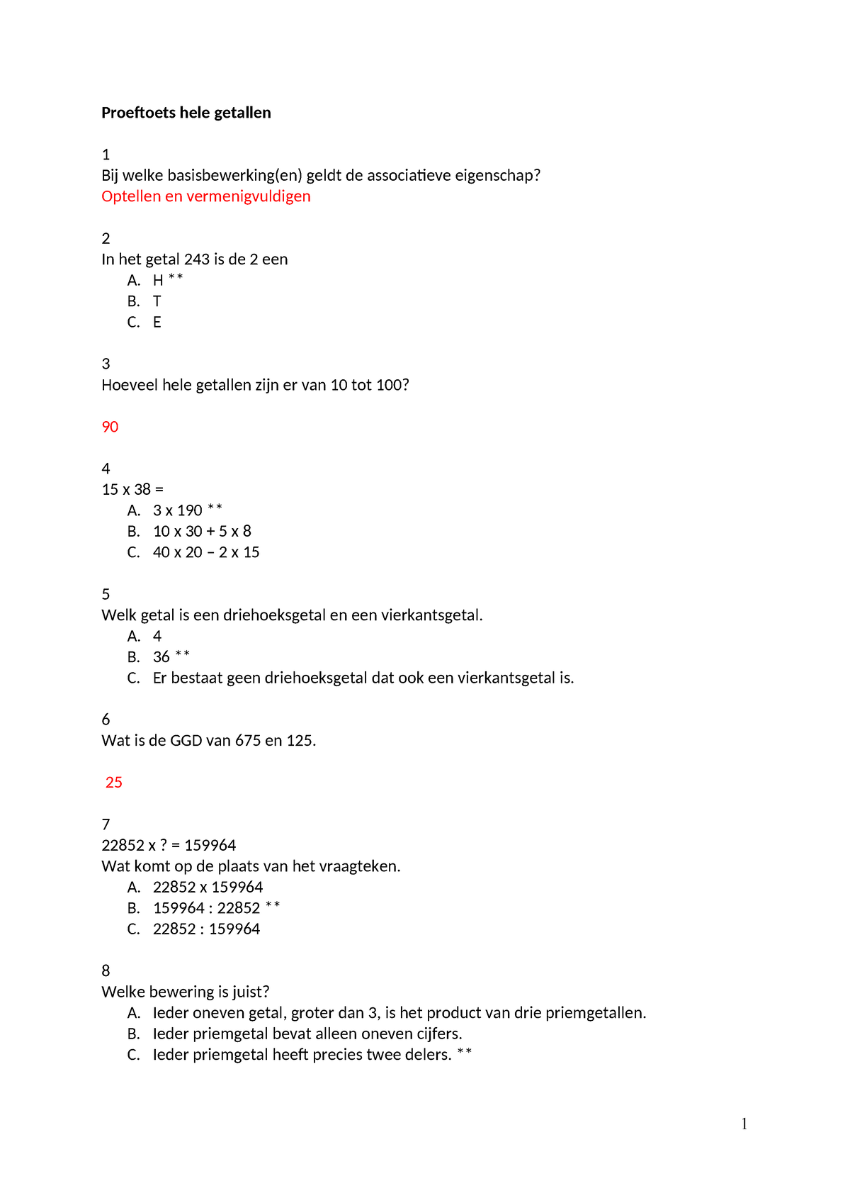 Proeftoets Met Antwoorden - Proeftoets Hele Getallen 1 Bij Welke ...