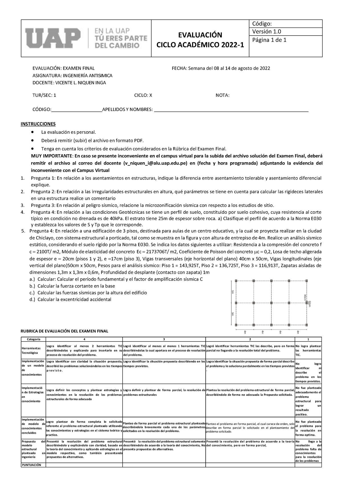 Vvv Examen Final De Ingeniería Antisimica - EVALUACI”N CICLO ACAD ...