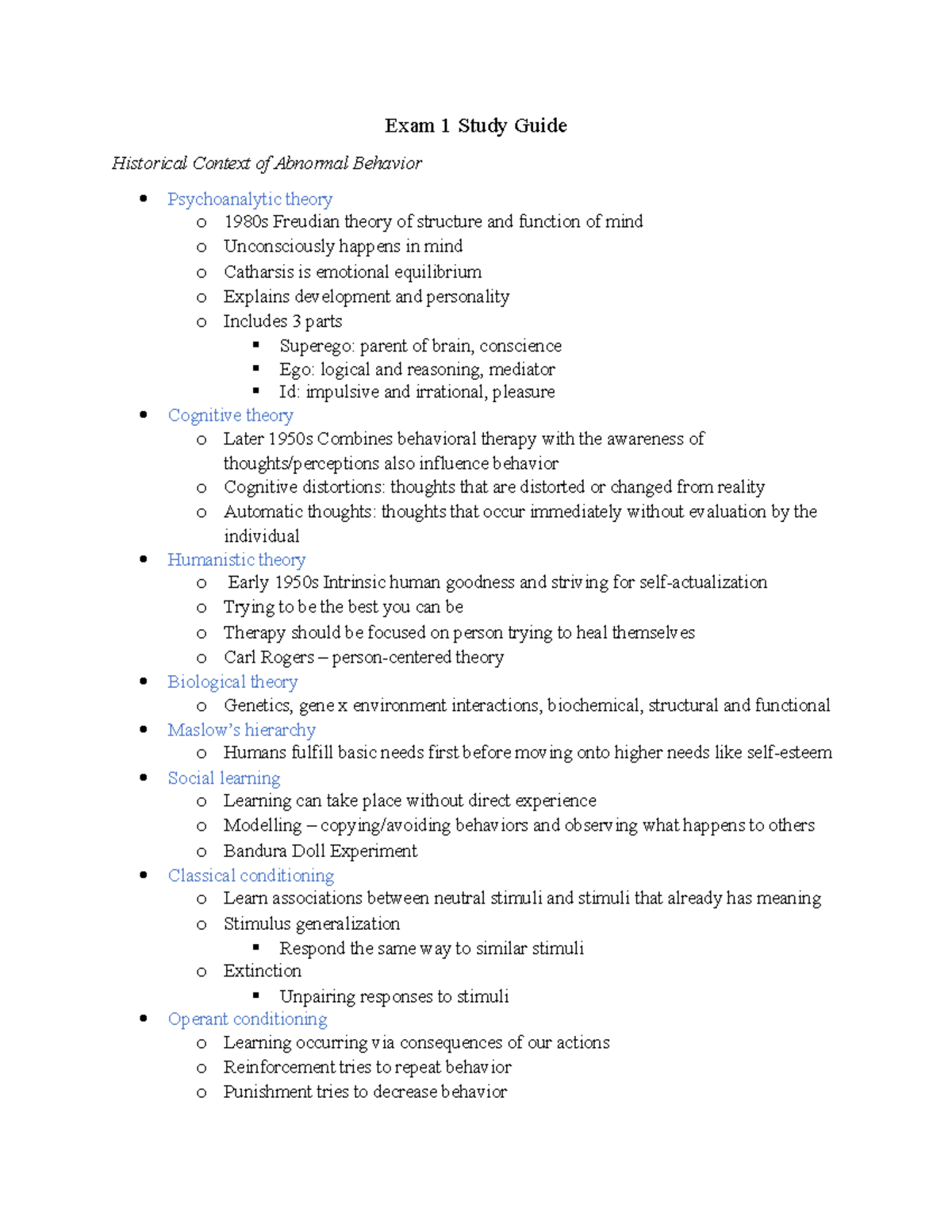 Exam 1 Study Guide - Exam 1 Study Guide Historical Context of Abnormal ...