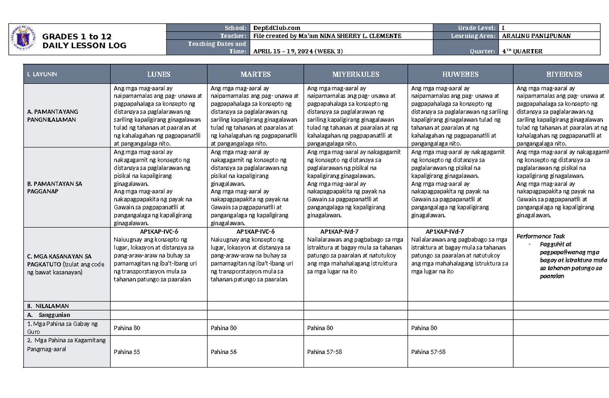 DLL Araling Panlipunan 1 Q4 W3 - GRADES 1 to 12 DAILY LESSON LOG School ...