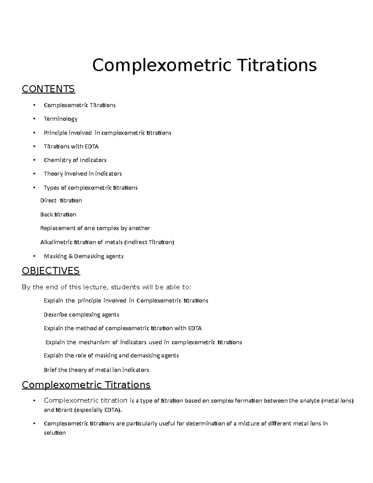 Chapter 2 complaxometry Complexometric Titrations CONTENTS
