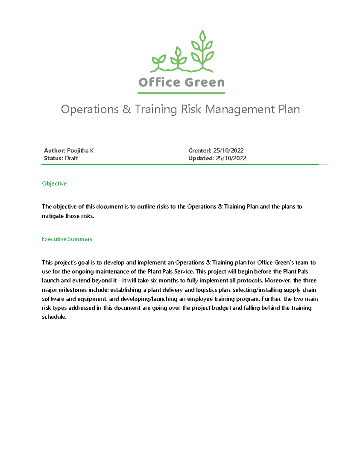 Risk Management Plan Peer Graded Assignment - Operations & Training ...