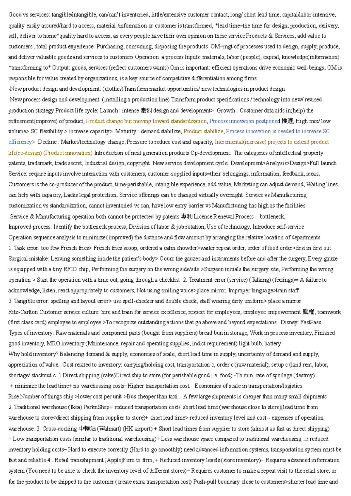 OM cheat sheet Good vs services tangible/intangible, can/can’t