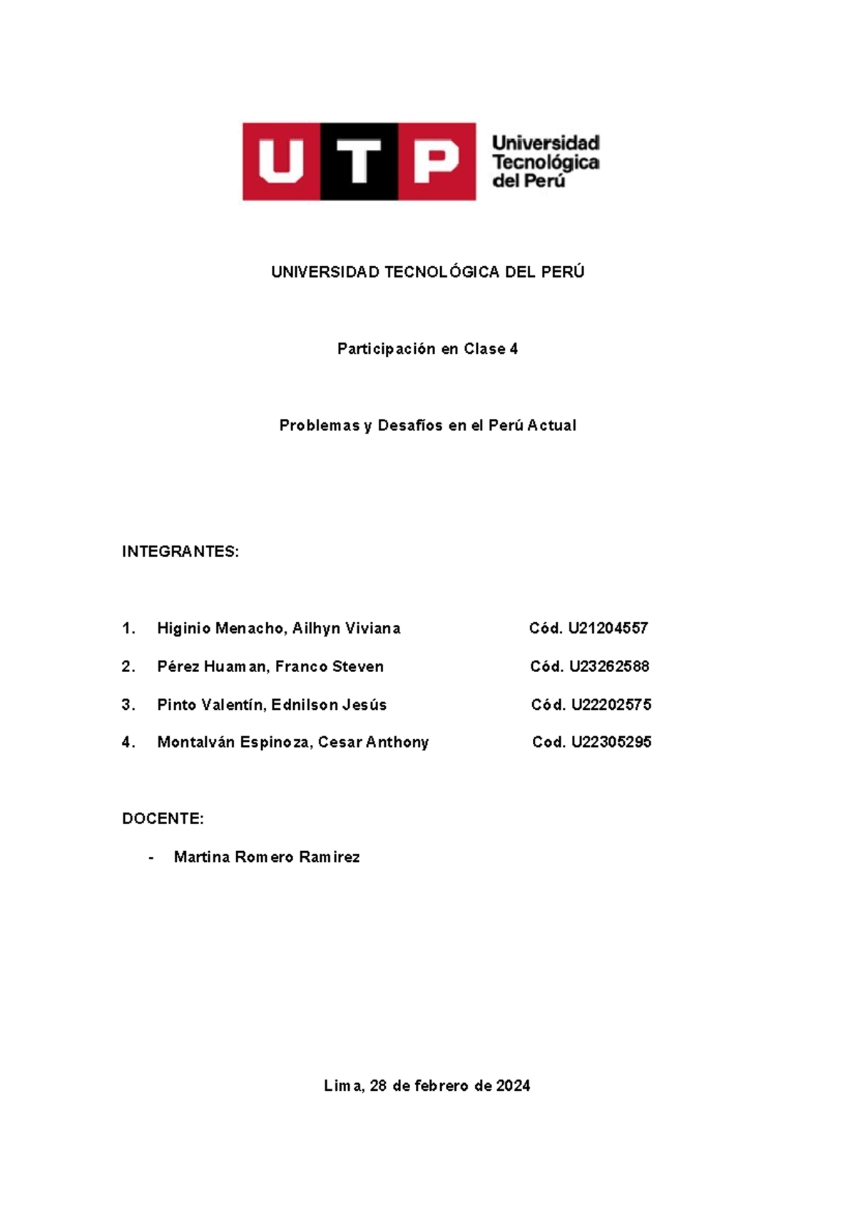 PA4-1 - UNIVERSIDAD TECNOLÓGICA DEL PERÚ Participación en Clase 4 ...