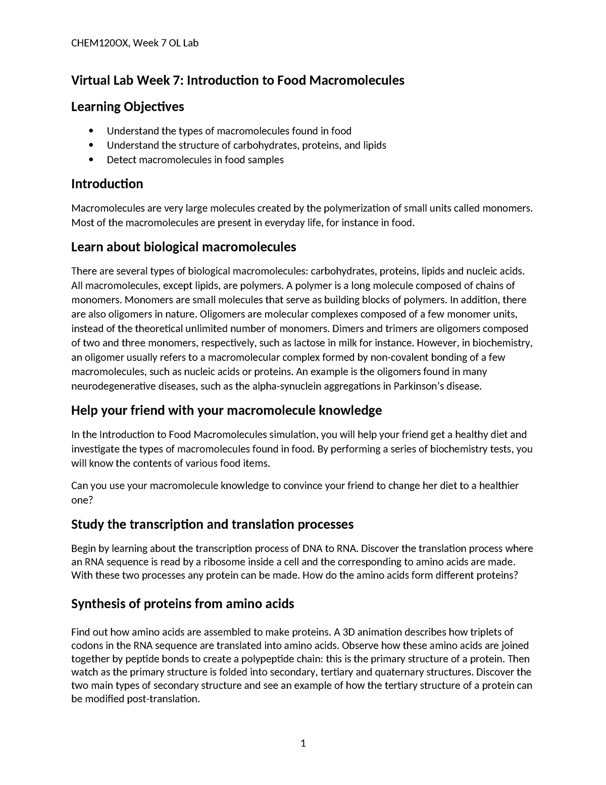 Week 7 Lab-Introduction To Food Macromolecules And Protein Synthesis ...