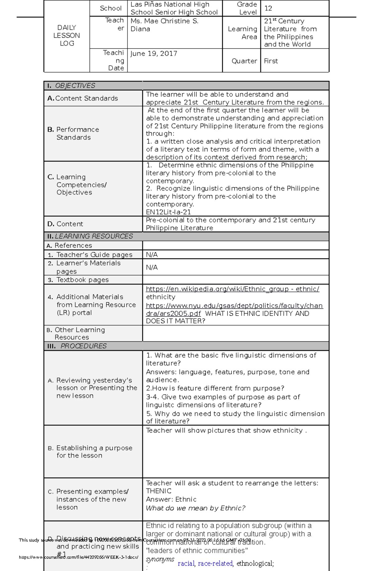 WEEK 3 1 - lesson plan - DAILY LESSON LOG School Las Piñas National ...