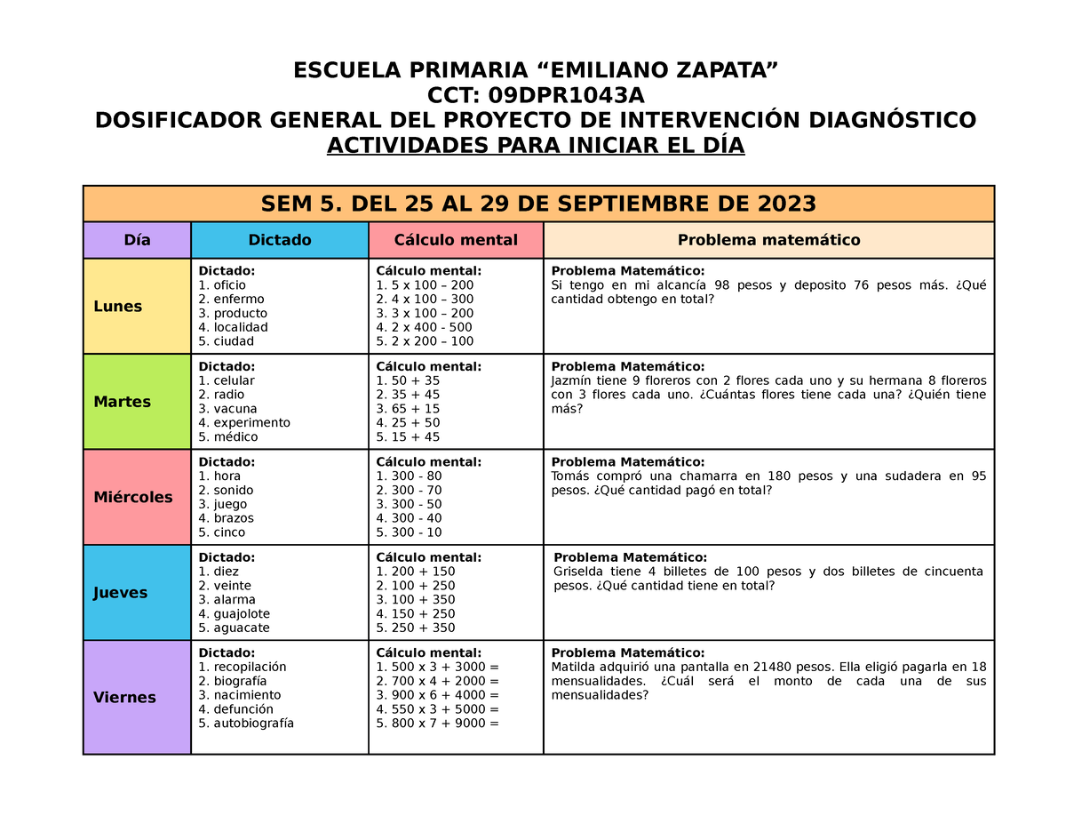 Semama Word Planeaci N Proyectosl Escuela Primaria Emiliano Zapata Cct Dpr A